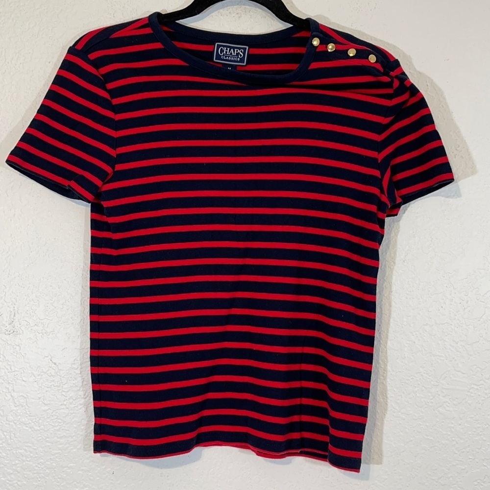 Chaps Classics Stripes Stretch Crew Neck Top Gold Buttons Cotton Size Medium